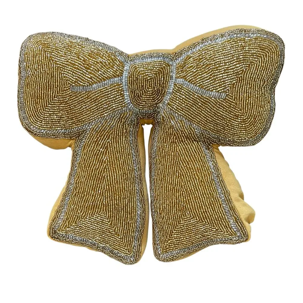 Glitz & Glimmer Beaded Gold Velvet Bow Pillow Holiday Glam Designer Decor New